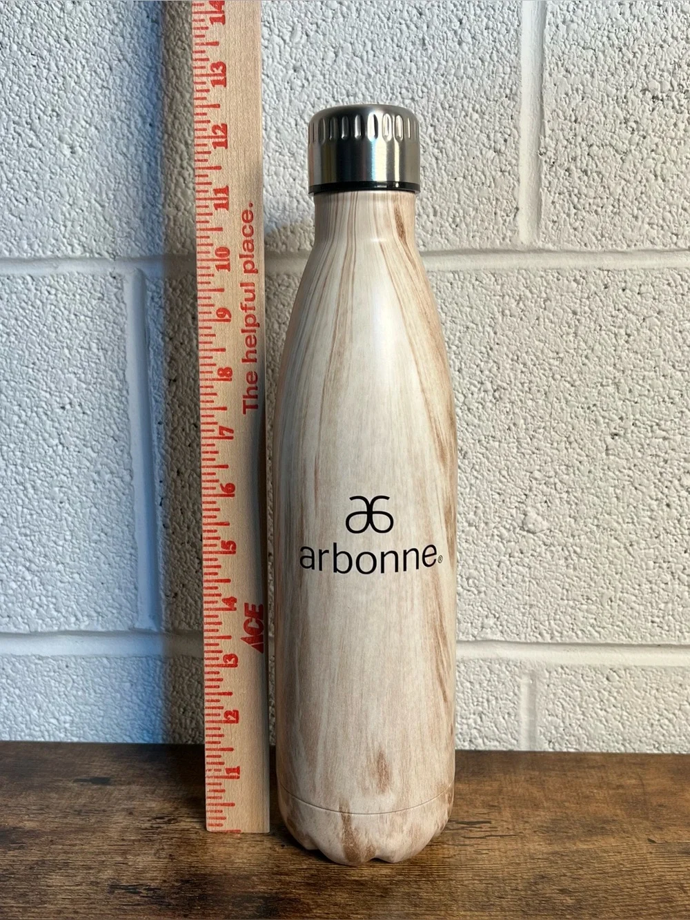 Arbonne Water Bottle Bottle Neck Screw Top Metal Beige